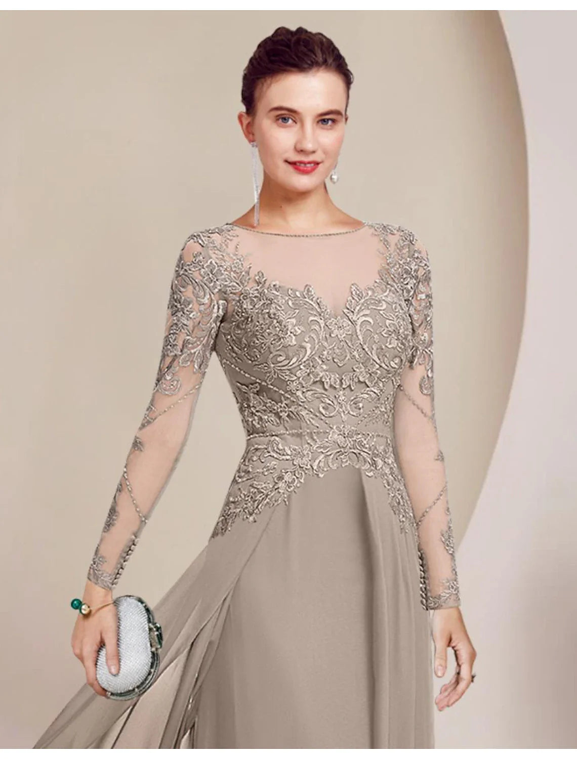 Aimishang Sheath / Column Mother of the Bride Dress Formal Wedding Guest Elegant Scoop Neck Floor Length Chiffon Lace Long Sleeve with Beading Appliques
