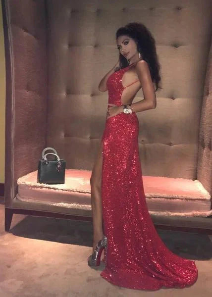 Classic Red Sequined Slit Long Evening Dress Evening Party Gowns Backless