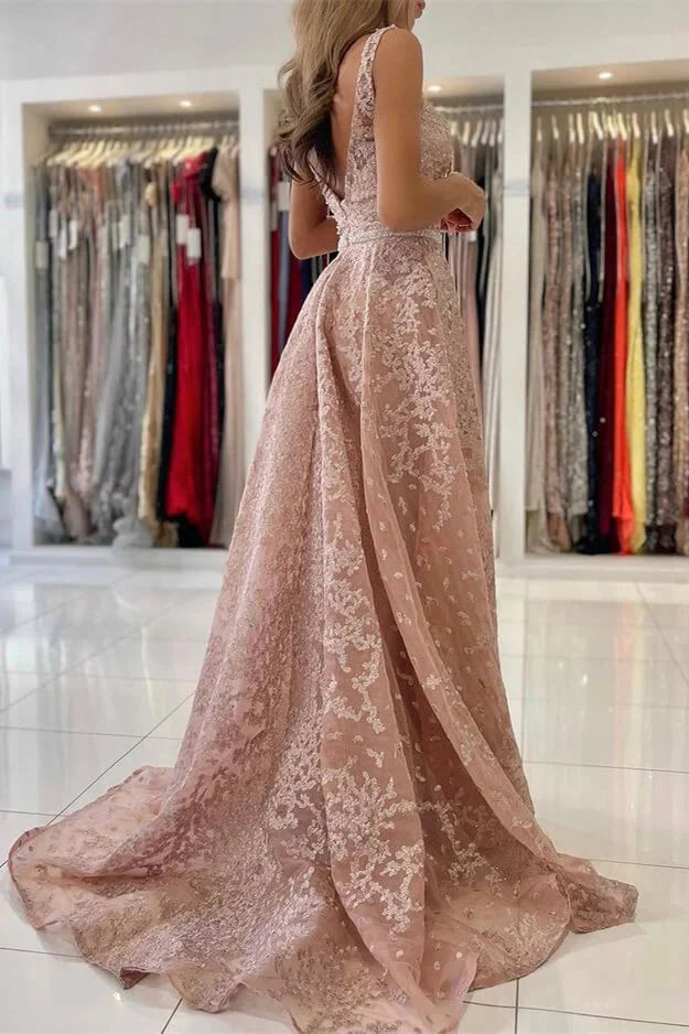 Classy Dusty Pink V-Neck Evening Dress Sleeveless Lace Appliques Overskirt