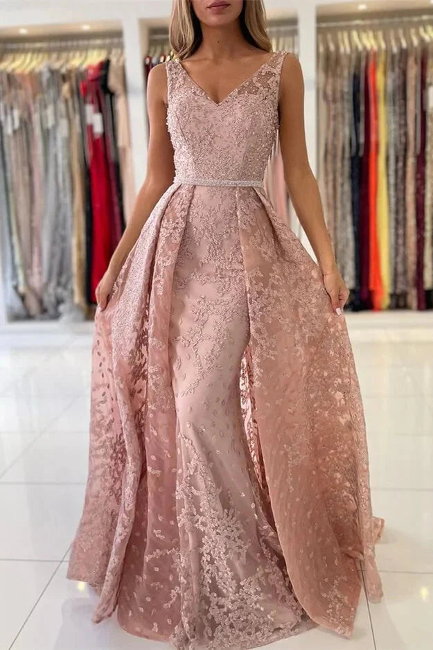 Classy Dusty Pink V-Neck Evening Dress Sleeveless Lace Appliques Overskirt