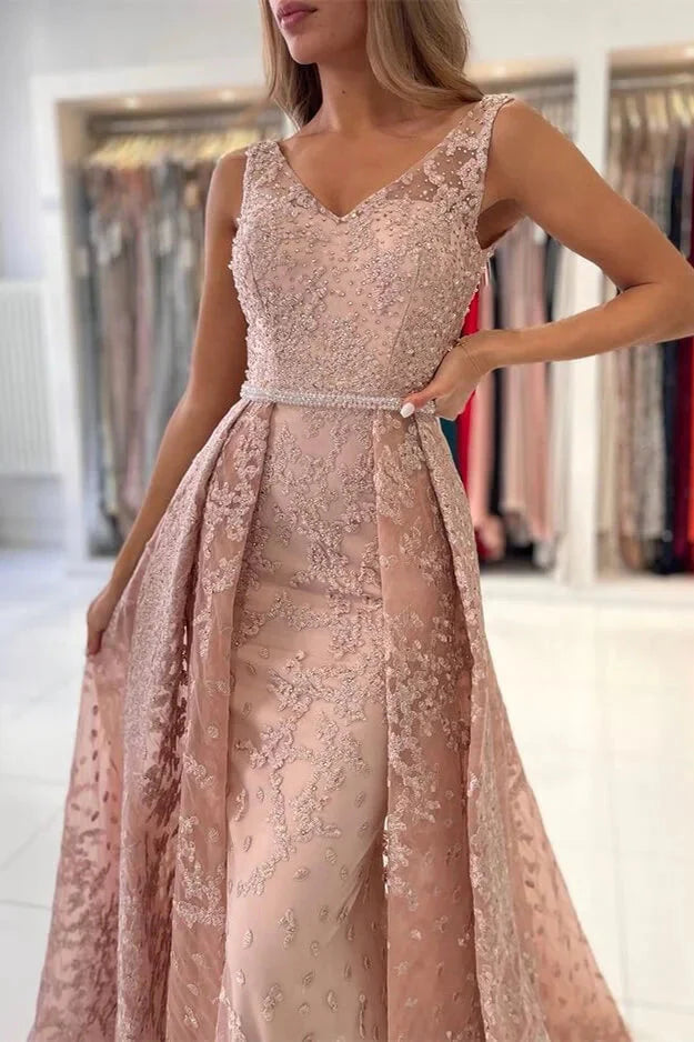 Classy Dusty Pink V-Neck Evening Dress Sleeveless Lace Appliques Overskirt