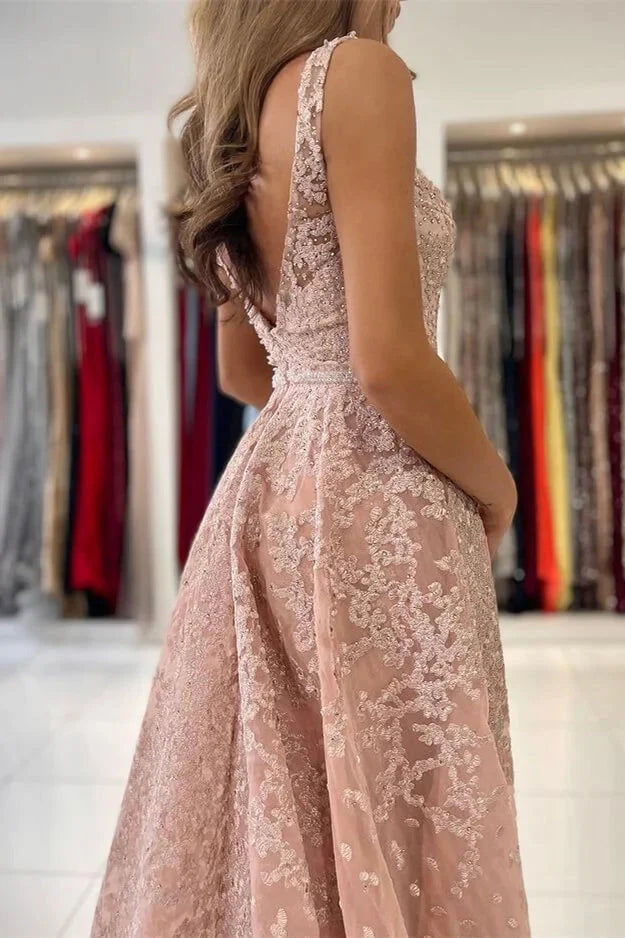 Classy Dusty Pink V-Neck Evening Dress Sleeveless Lace Appliques Overskirt