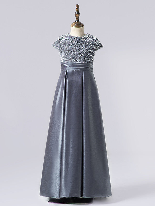 Column Cap Sleeve Jewel Neck Satin Flower Girl Dress with Pleats