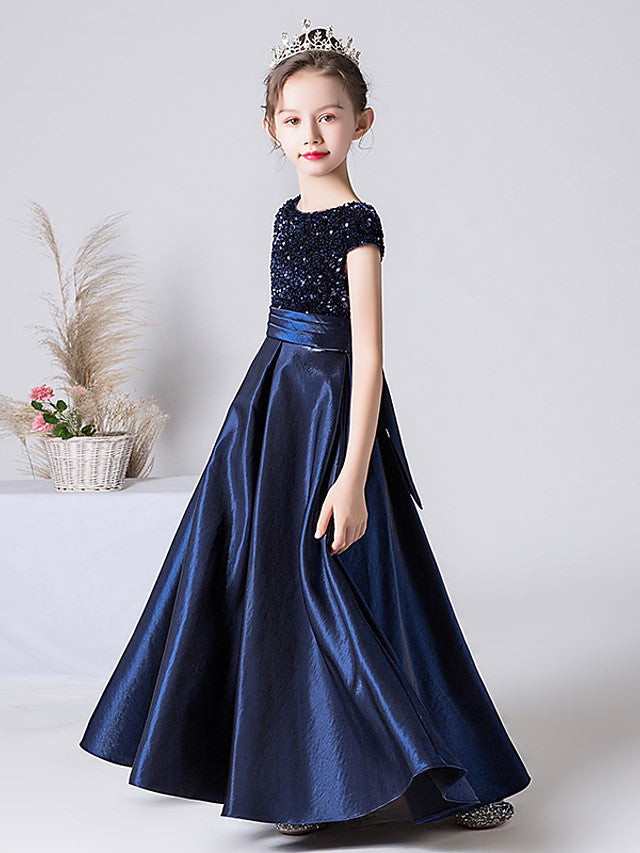 Column Cap Sleeve Jewel Neck Satin Flower Girl Dress with Pleats