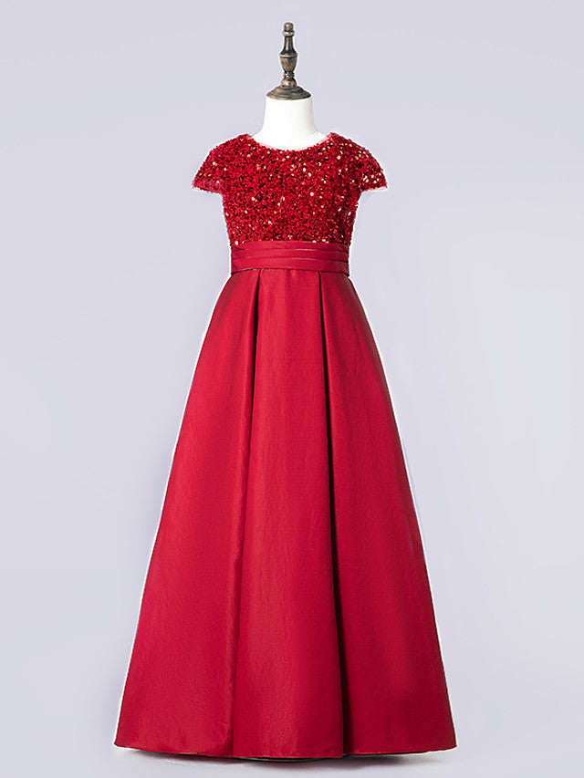 Column Cap Sleeve Jewel Neck Satin Flower Girl Dress with Pleats