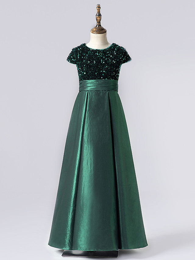 Column Cap Sleeve Jewel Neck Satin Flower Girl Dress with Pleats