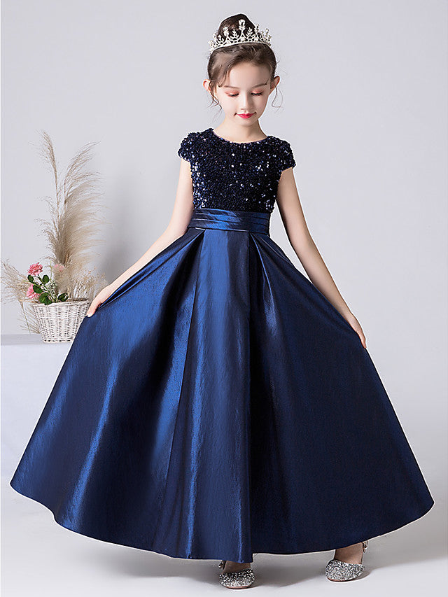 Column Cap Sleeve Jewel Neck Satin Flower Girl Dress with Pleats