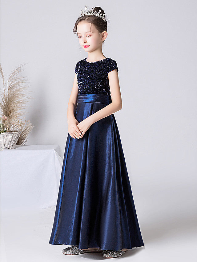 Column Cap Sleeve Jewel Neck Satin Flower Girl Dress with Pleats