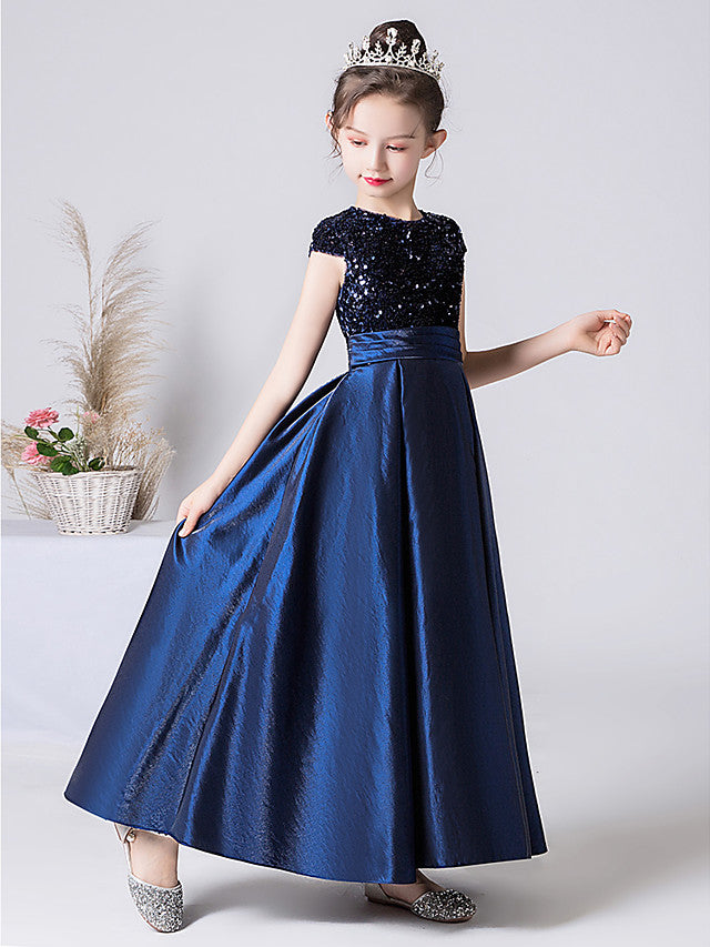 Column Cap Sleeve Jewel Neck Satin Flower Girl Dress with Pleats