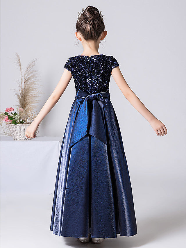 Column Cap Sleeve Jewel Neck Satin Flower Girl Dress with Pleats