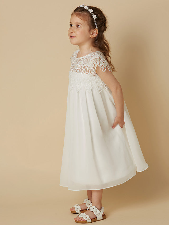 Column Short Sleeve Scoop Neck Lace Flower Girl Dresses