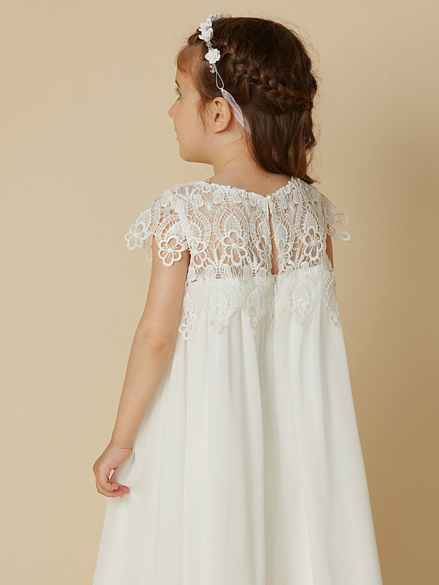 Column Short Sleeve Scoop Neck Lace Flower Girl Dresses