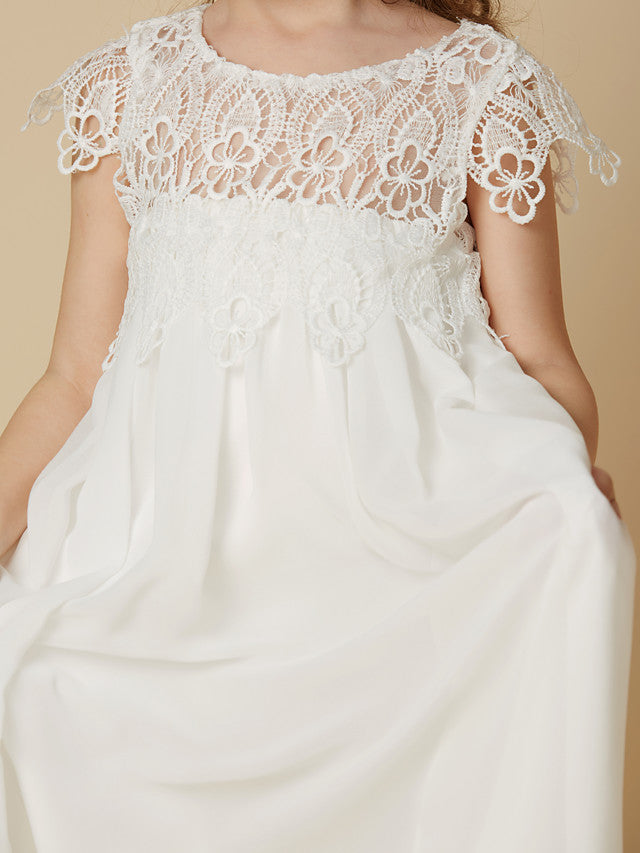 Column Short Sleeve Scoop Neck Lace Flower Girl Dresses