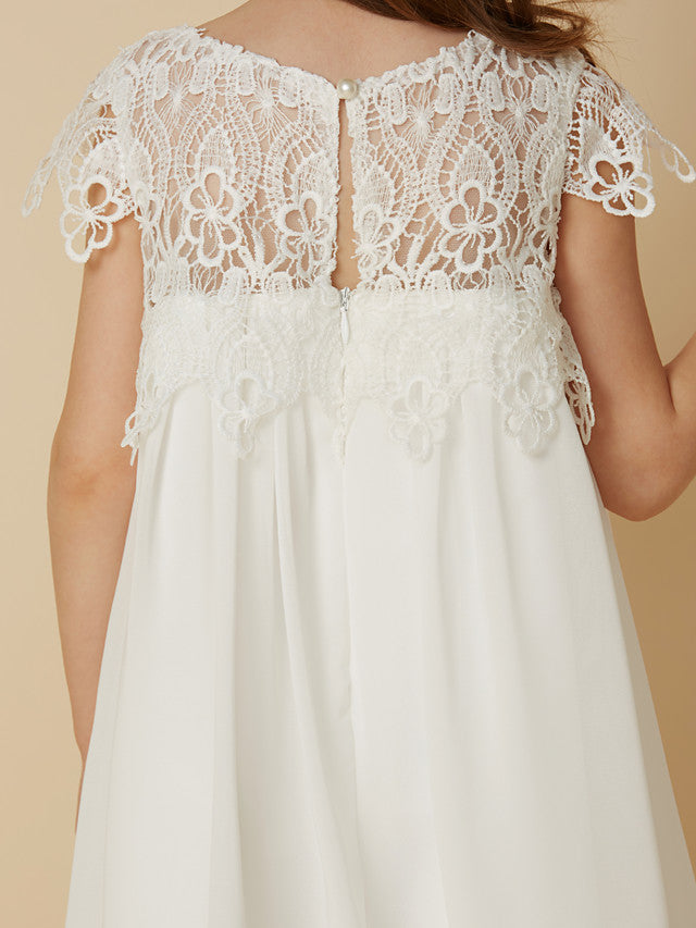 Column Short Sleeve Scoop Neck Lace Flower Girl Dresses