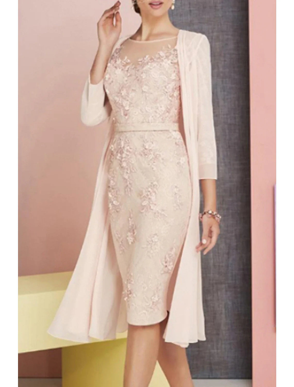 Two Piece Sheath / Column Mother of the Bride Dress Wedding Guest Church Elegant Vintage Plus Size Bateau Neck Knee Length Chiffon Lace 3/4 Length Sleeve Jacket Dresses with Appliques
