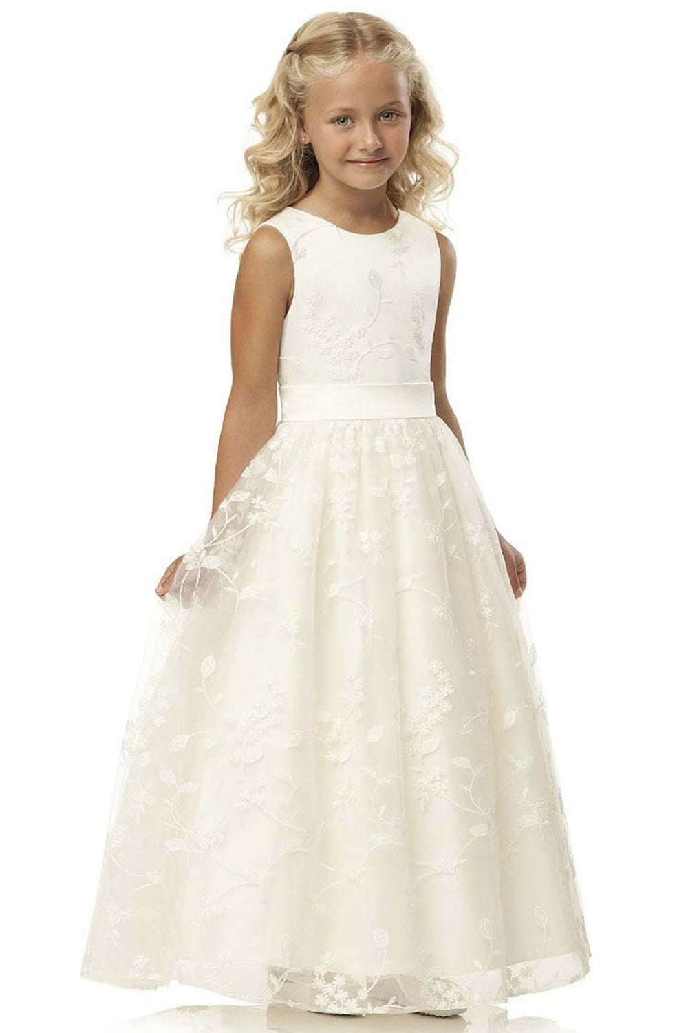 Cute A-line Jewel Sleeveless Floor Length Flower Girl Dress with Lace & Ribbons