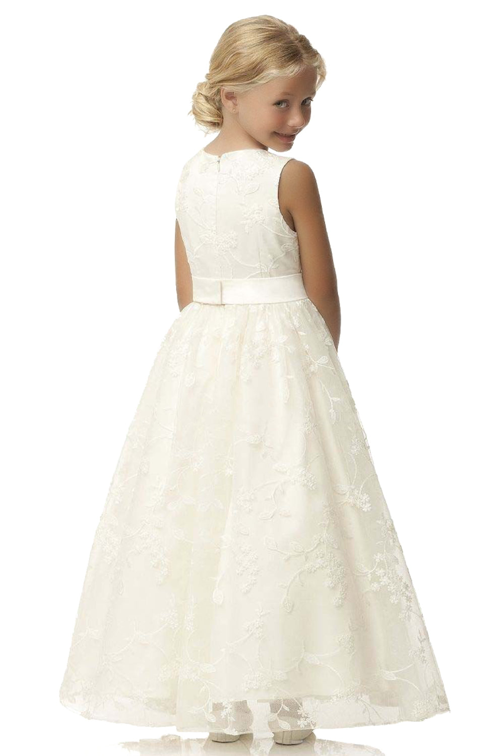 Cute A-line Jewel Sleeveless Floor Length Flower Girl Dress with Lace & Ribbons