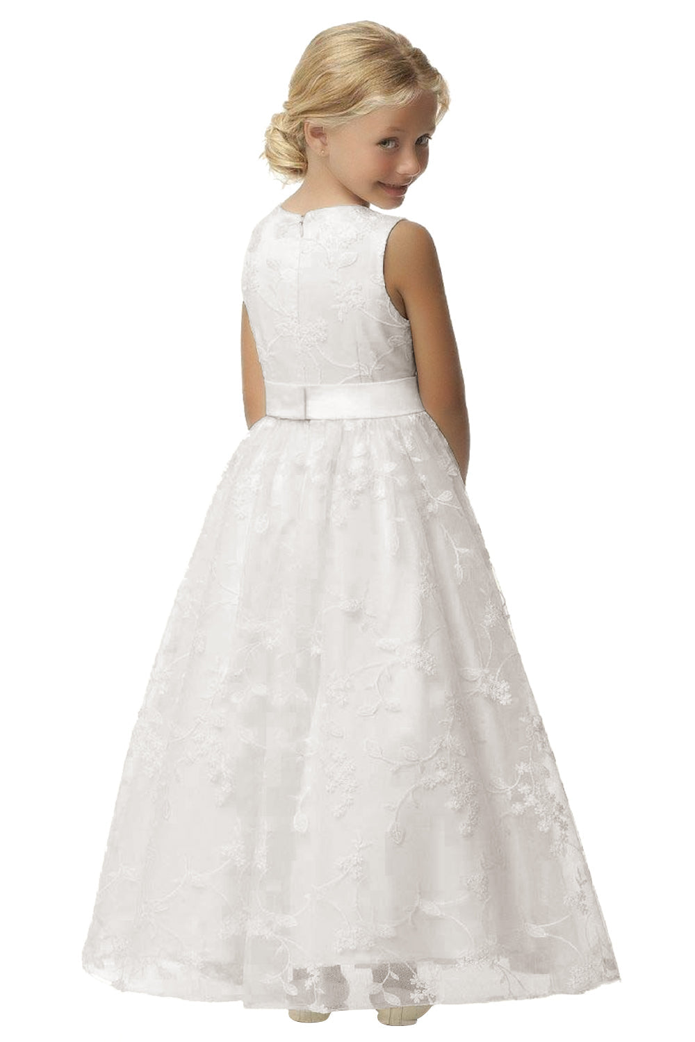 Cute A-line Jewel Sleeveless Floor Length Flower Girl Dress with Lace & Ribbons