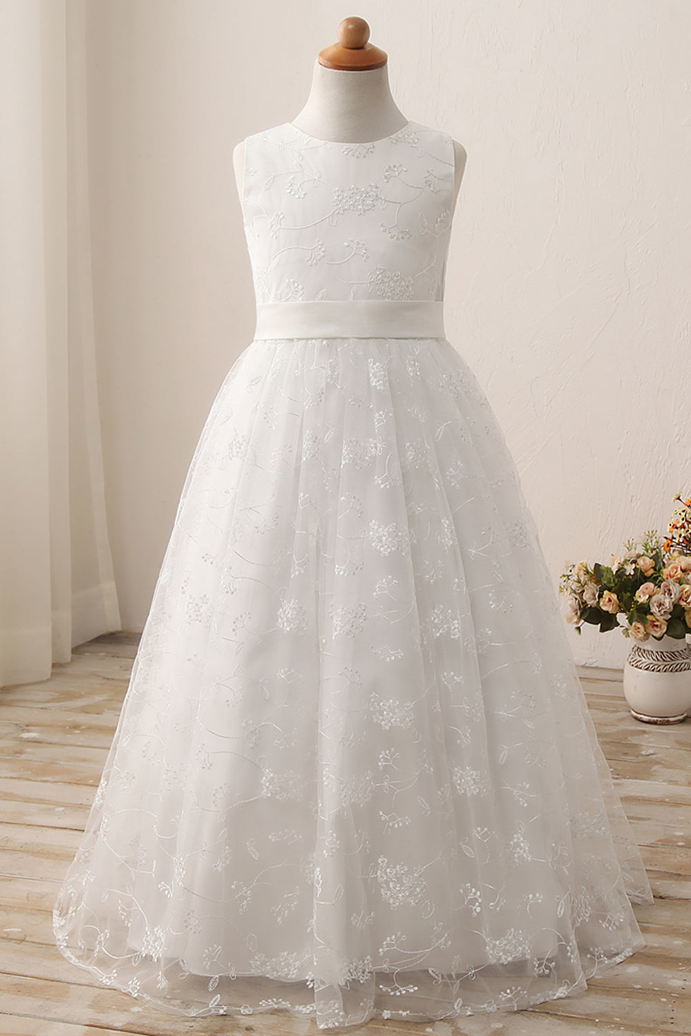 Cute A-line Jewel Sleeveless Floor Length Flower Girl Dress with Lace & Ribbons