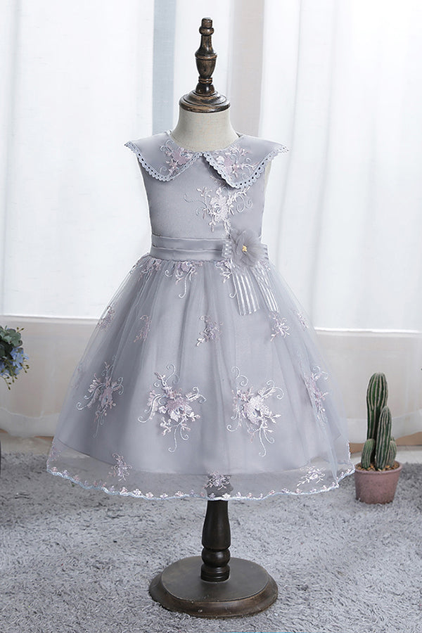 Dazzling Blue Appliques Tulle Knee Length Flower Girl Dress