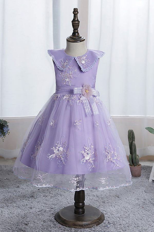 Dazzling Blue Appliques Tulle Knee Length Flower Girl Dress