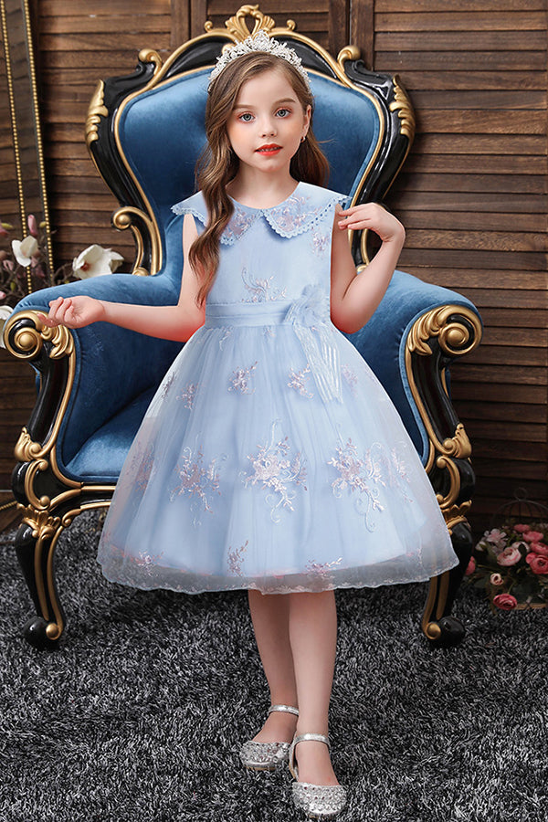 Dazzling Blue Appliques Tulle Knee Length Flower Girl Dress