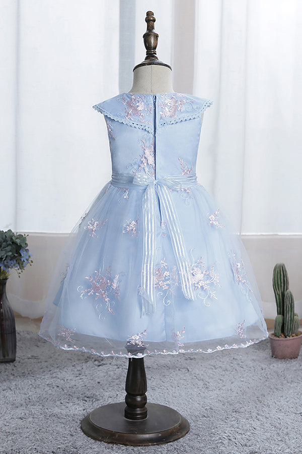 Dazzling Blue Appliques Tulle Knee Length Flower Girl Dress
