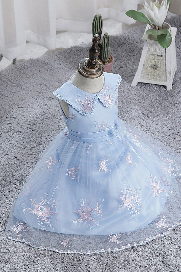 Dazzling Blue Appliques Tulle Knee Length Flower Girl Dress
