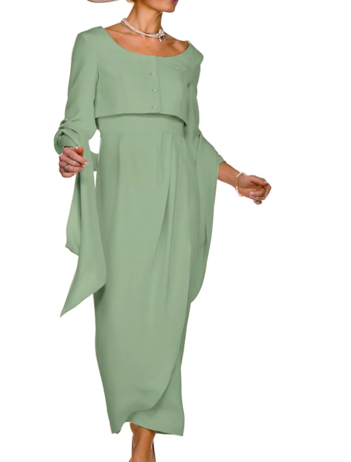 Two Piece Sheath / Column Mother of the Bride Dress Wedding Guest Elegant Square Neck Ankle Length Fabric Sleeveless Short Jacket Dresses with Buttons Pleats