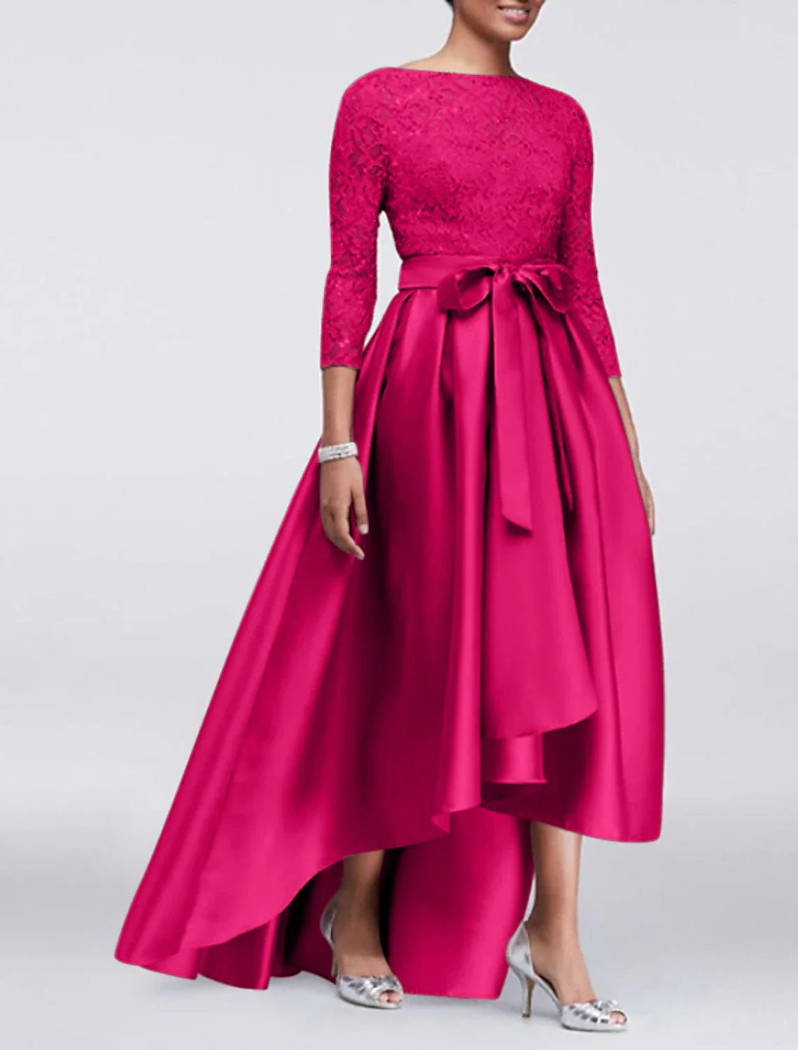 A-Line Mother of the Bride Dress Wedding Guest Elegant Plus Size High Low Jewel Neck Asymmetrical Satin Lace 3/4 Length Sleeve with Sash / Ribbon Appliques