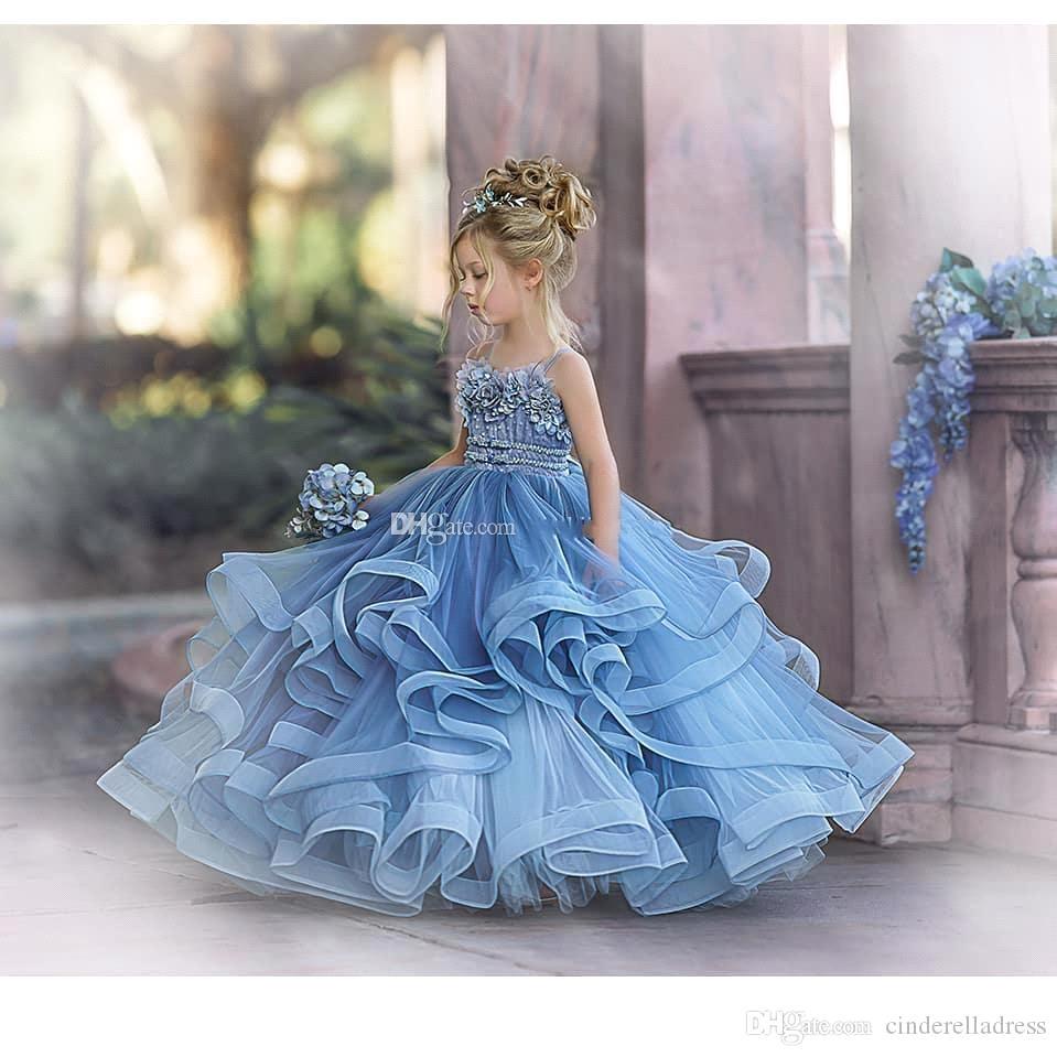 Dusty Blue Flower Girl Dresses with Spaghetti Straps & Lace Appliques