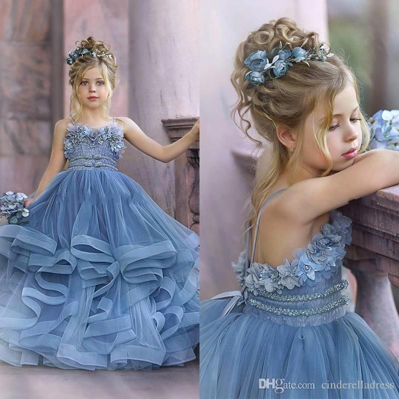 Dusty Blue Flower Girl Dresses with Spaghetti Straps & Lace Appliques