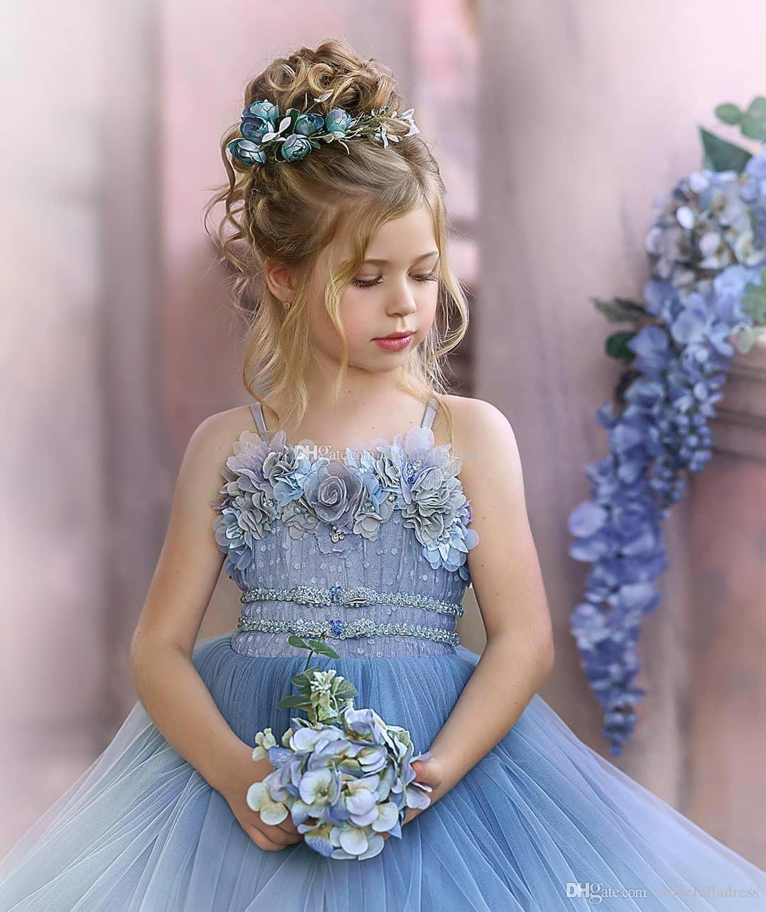 Dusty Blue Flower Girl Dresses with Spaghetti Straps & Lace Appliques