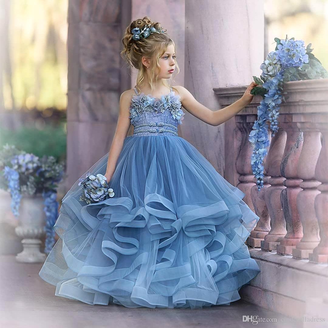 Dusty Blue Flower Girl Dresses with Spaghetti Straps & Lace Appliques