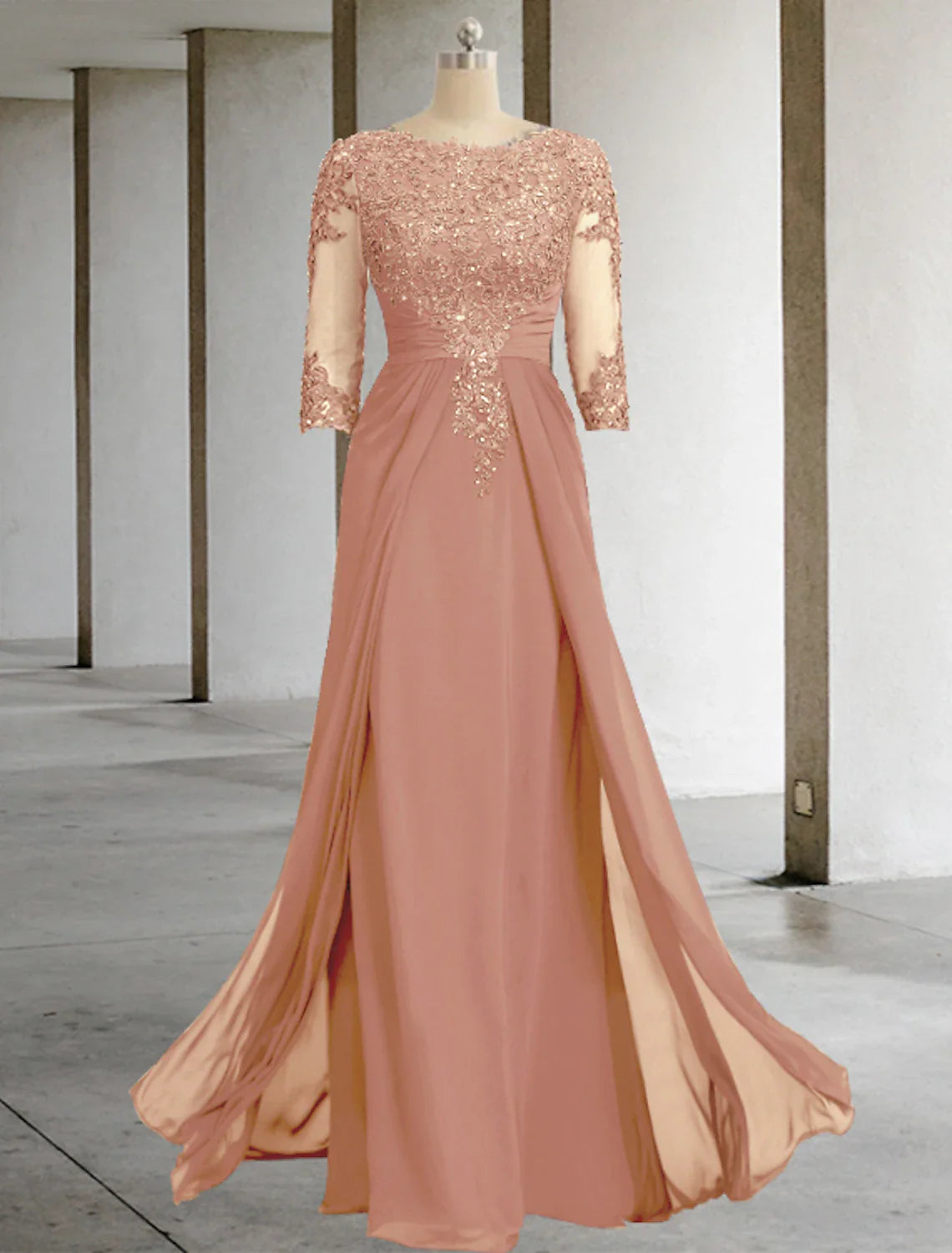 Sheath / Column Mother of the Bride Dress With Overskirts Formal Wedding Guest Elegant Sequin Scoop Neck Floor Length Chiffon Lace 3/4 Sleeve with Appliques Sparkle & Shine