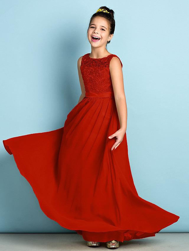 Elegant A-Line Floor Length Lace Junior Bridesmaid Dress