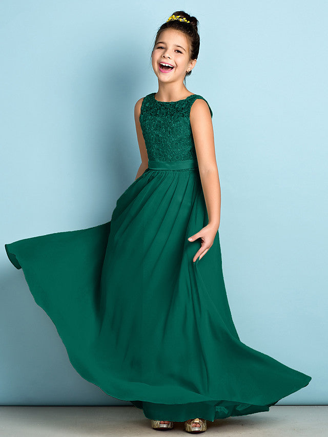 Elegant A-Line Floor Length Lace Junior Bridesmaid Dress