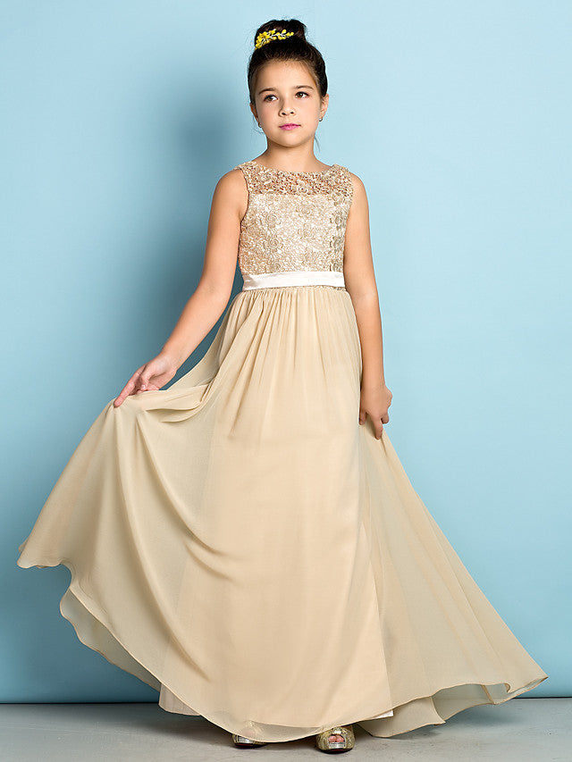 Elegant A-Line Floor Length Lace Junior Bridesmaid Dress