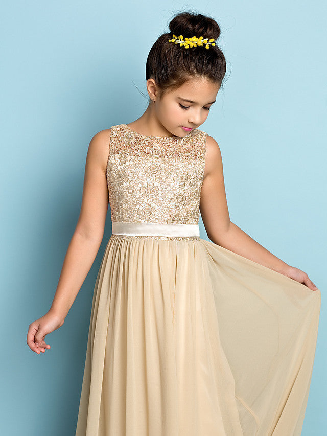 Elegant A-Line Floor Length Lace Junior Bridesmaid Dress
