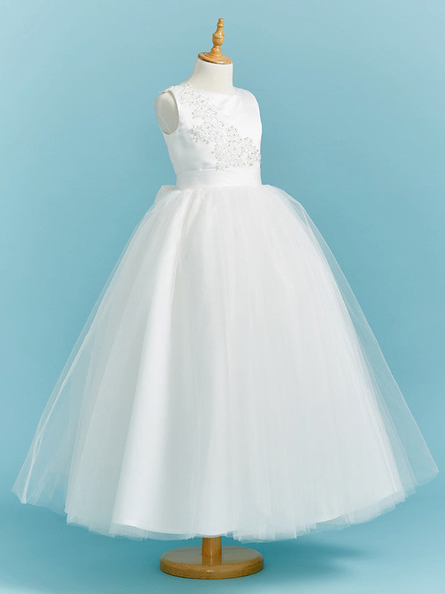 Elegant Ball Gown Crew Neck Floor Length Lace Tulle Flower Girl Dress With Sash Ribbon Pleats Beading