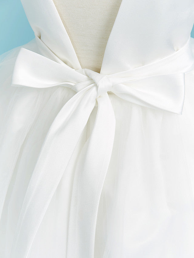 Elegant Ball Gown Crew Neck Floor Length Lace Tulle Flower Girl Dress With Sash Ribbon Pleats Beading