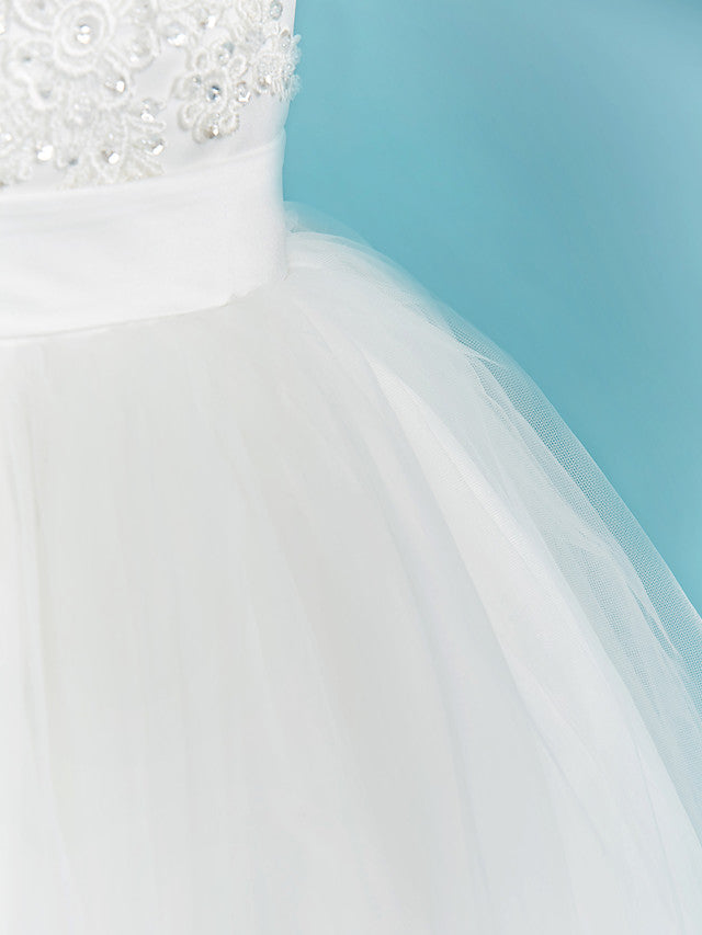 Elegant Ball Gown Crew Neck Floor Length Lace Tulle Flower Girl Dress With Sash Ribbon Pleats Beading