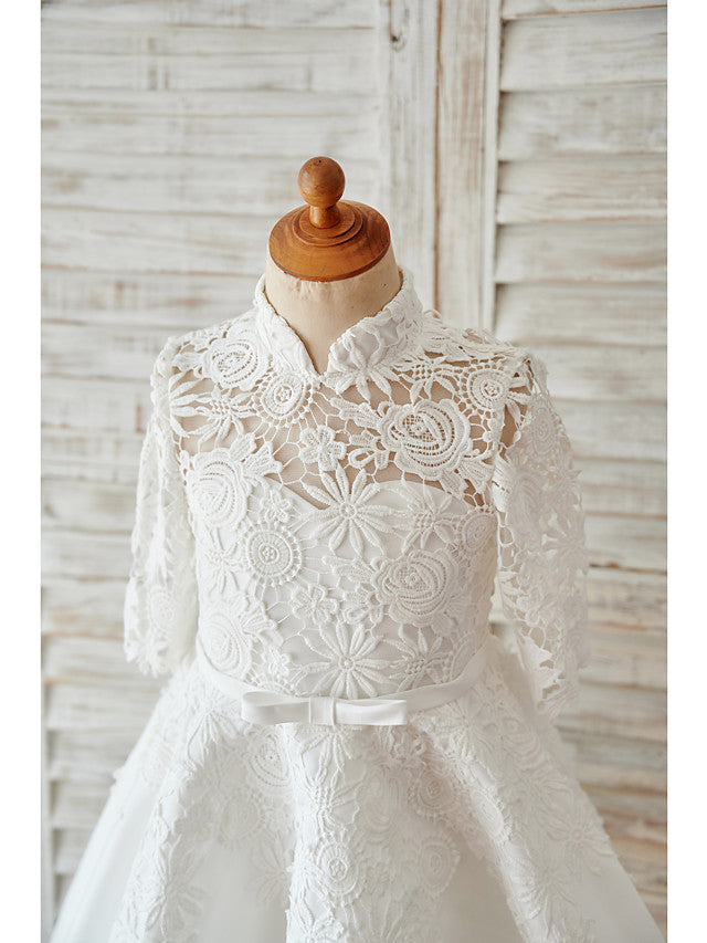 Elegant Ball Gown Long Sleeve High Neck Flower Girl Dress with Lace Tulle Bows and Sash Ribbon