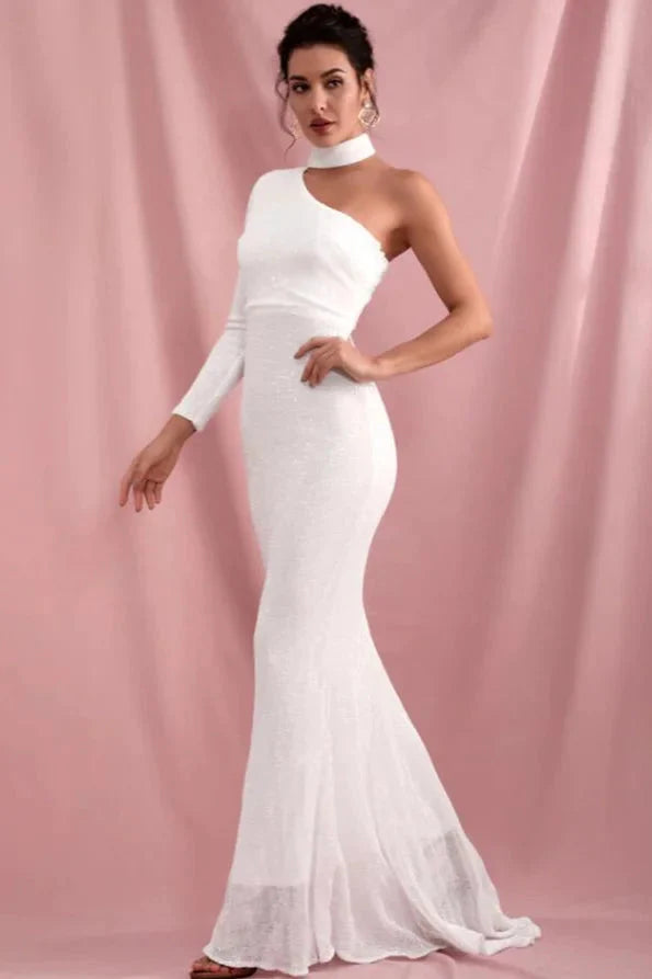 Elegant High-Neck Sequins Prom Dress Mermaid Long Sleeve Evening Gowns