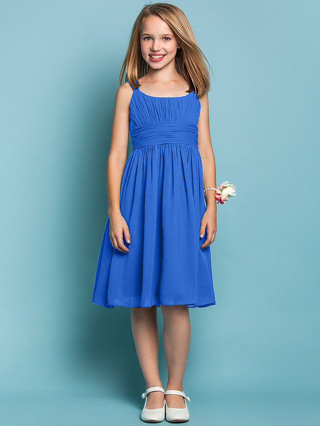 Elegant Knee-Length Chiffon Flower Girl Dress with Sheath Column Straps and Ruched Draping