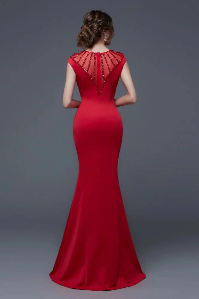 Elegant Scoop Mermaid Evening Gowns Long Split Prom Dress With Beadings