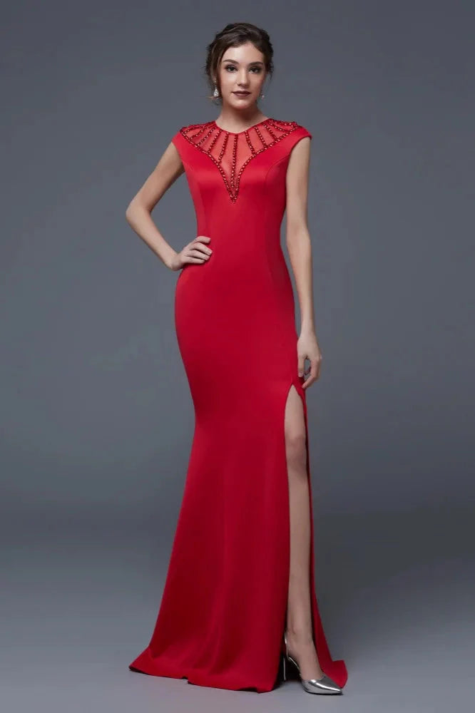 Elegant Scoop Mermaid Evening Gowns Long Split Prom Dress With Beadings