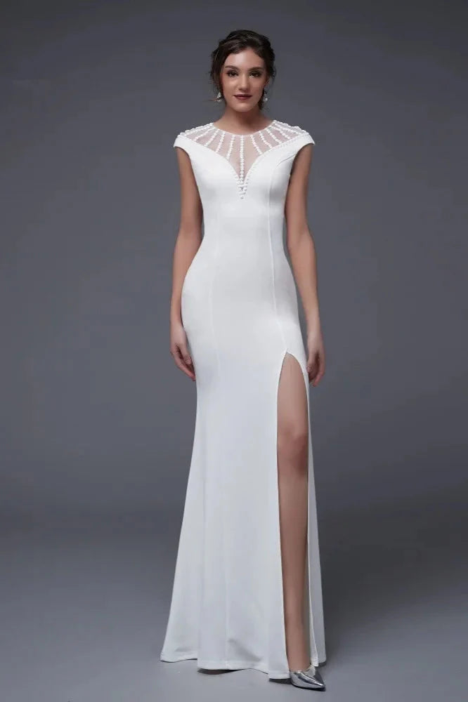 Elegant Scoop Mermaid Evening Gowns Long Split Prom Dress With Beadings