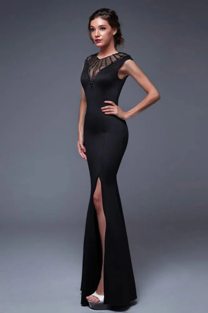 Elegant Scoop Mermaid Evening Gowns Long Split Prom Dress With Beadings