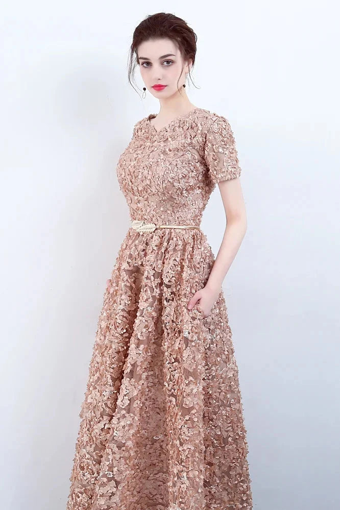 Elegant Short Or Long Sleeves Lace Evening Gowns Online Zipper Back With Belt
